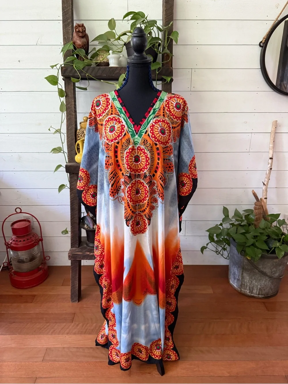Santé Classics Bohemian V-Neck Kimono in Orange, Black and Blue